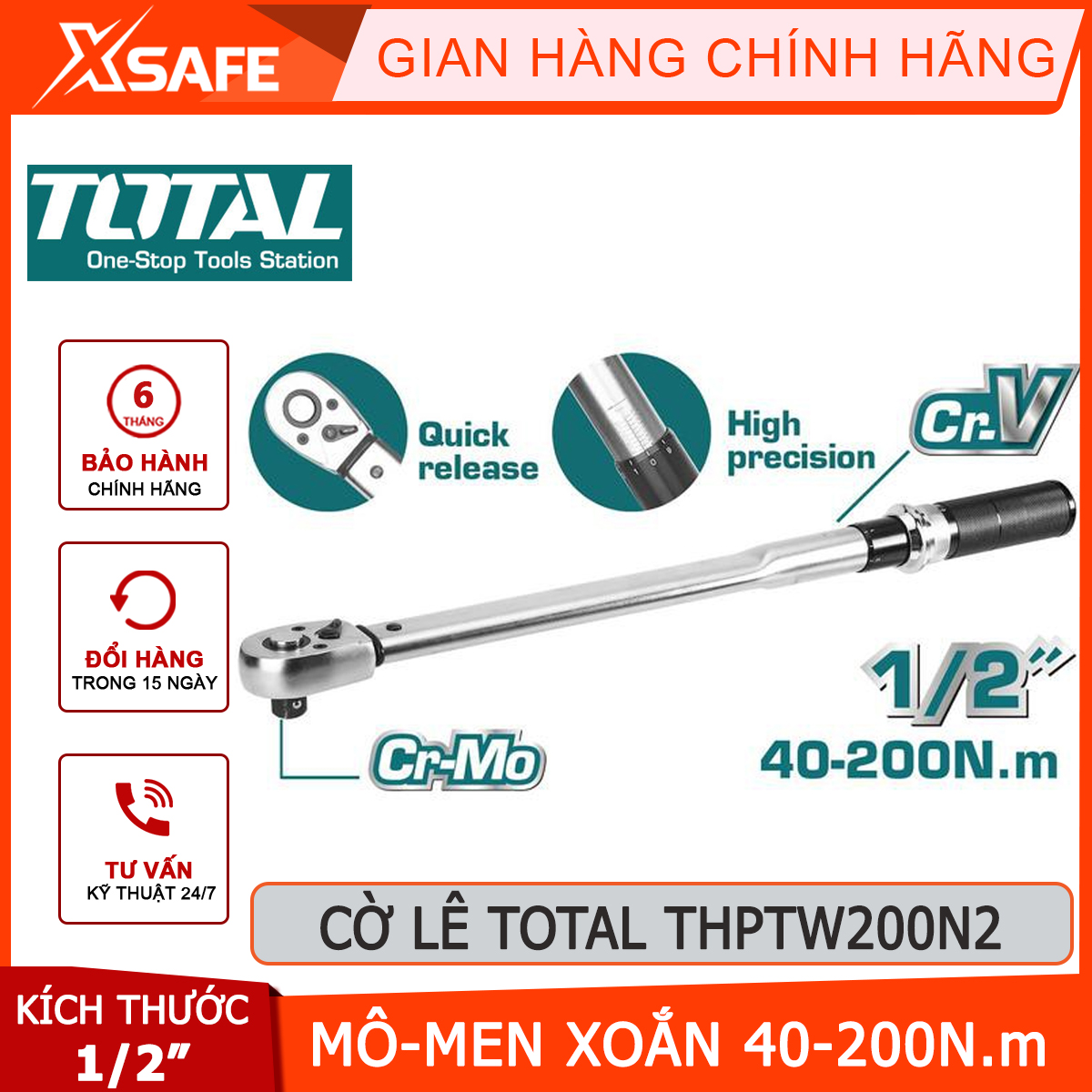 Power wrench total THPTW200N2 | need tightening force size 1/2 inch, length 500mm, torque size 40 - 200 N. M, material CRV + crmo need tightening force adjustment, manual force, need explosion screw the bolts, nuts [XTools] [xsafe]