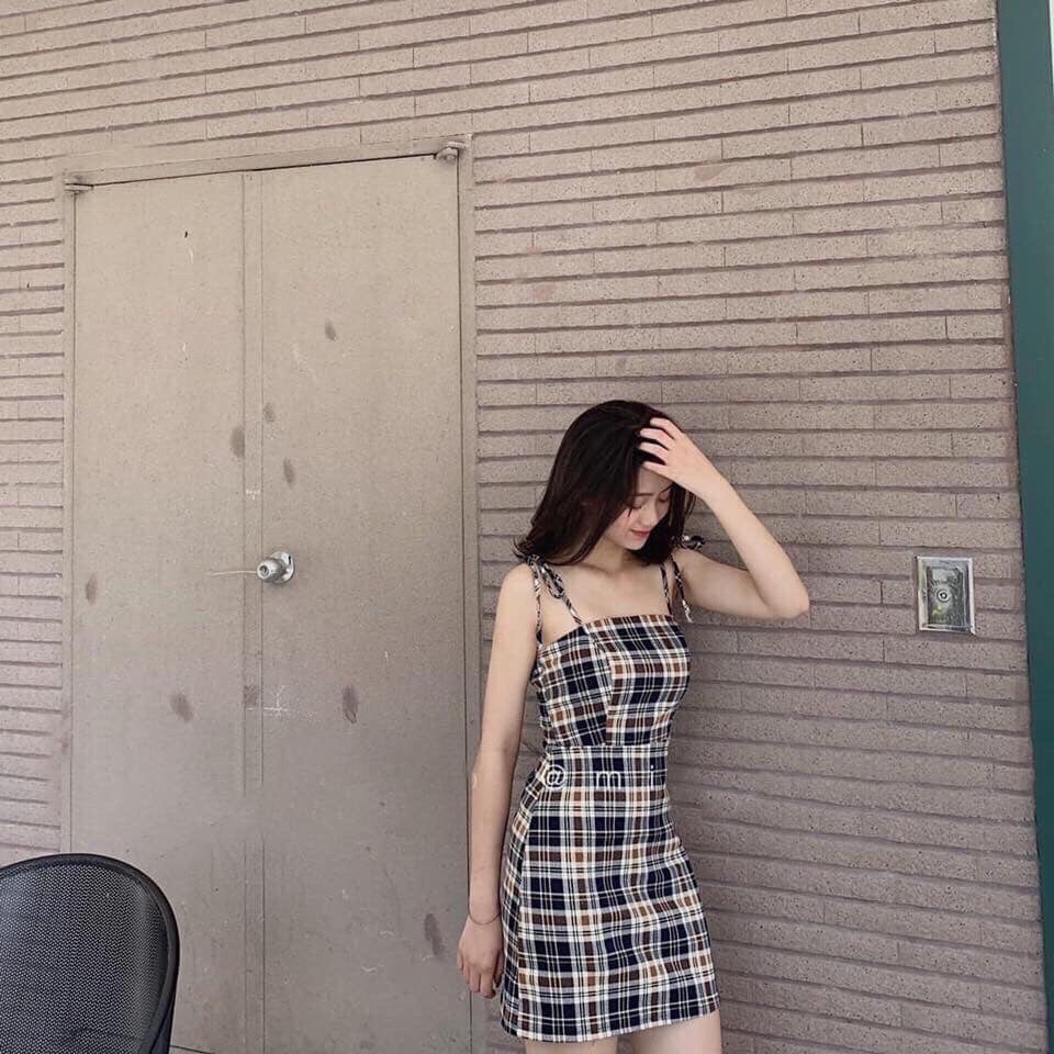 Đầm caro 2 dây cột nơ vai
