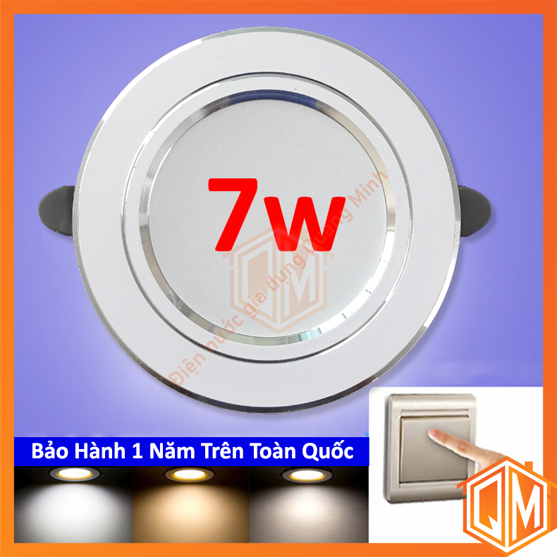 Đèn led âm trần 7w viền Bạc 3 chế độ - Phi 90