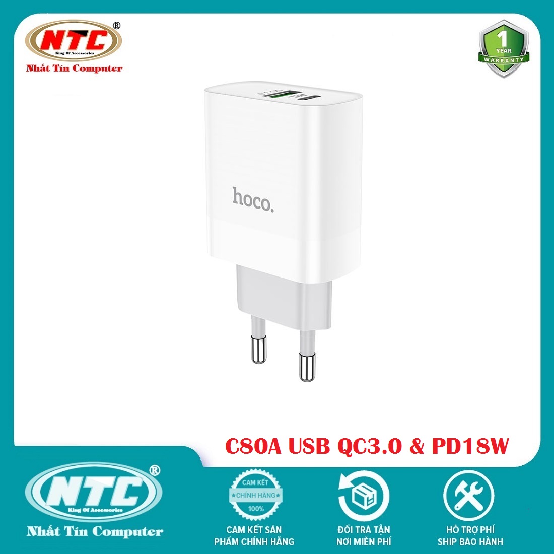 Cốc sạc 2 cổng Hoco C80A USB QC3.0 và Type-C PD18W (Trắng) - Hãng phân phối chính thức - Nhất Tín Computer