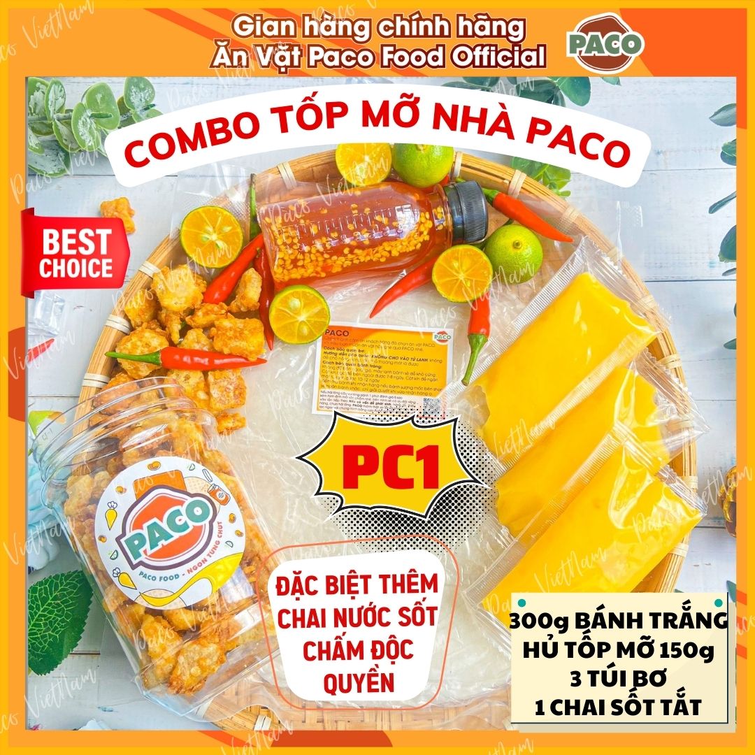 Combo bánh tráng phơi sương ăn kèm cùng tốp mỡ PC1/PC2 Paco Food