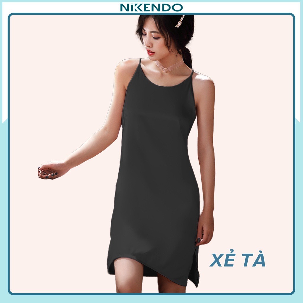Xả Hàng Đầm 2 Dây Cổ tròn- Đầm Lụa Xẻ Tà Gợi Cảm