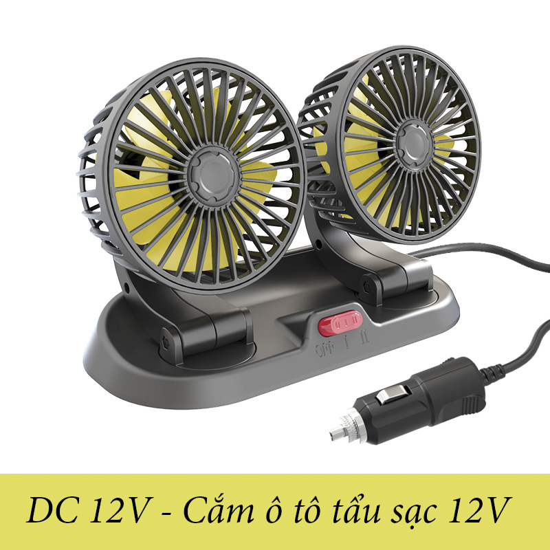 Quạt máy đôi 12v cắm xe ô tô xoay 360 độ điều chỉnh được gió mạnh yếu