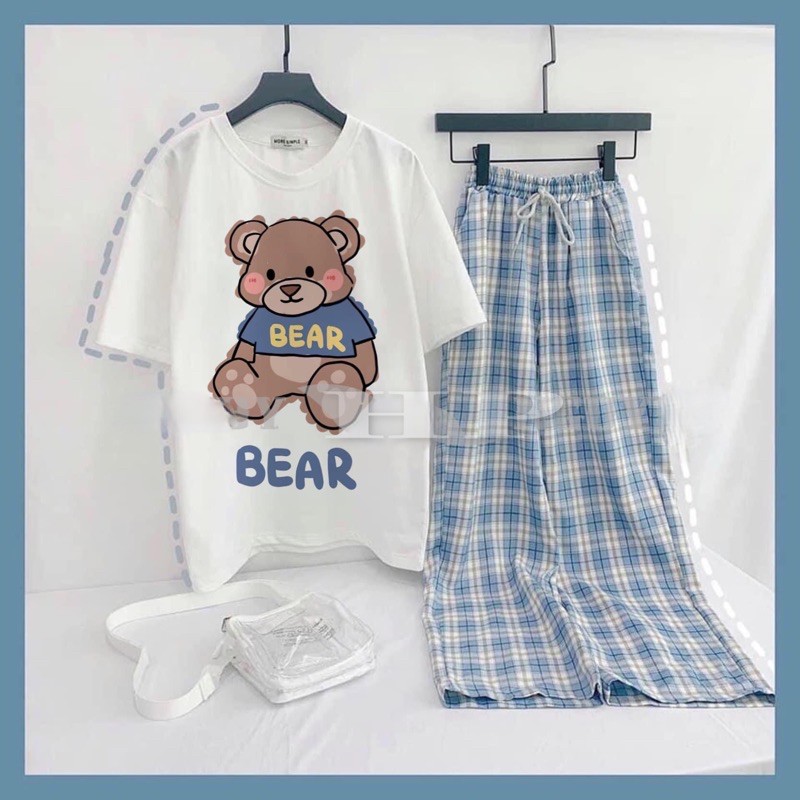 Sét áo gấu nâu BEAR + quần kẻ xanh TH6. Áo thun nam nữ, quần kaki, quần nữ, sét bộ mặc ở nhà, áo thun tay dài, quần jean ống rộng - LEEDA