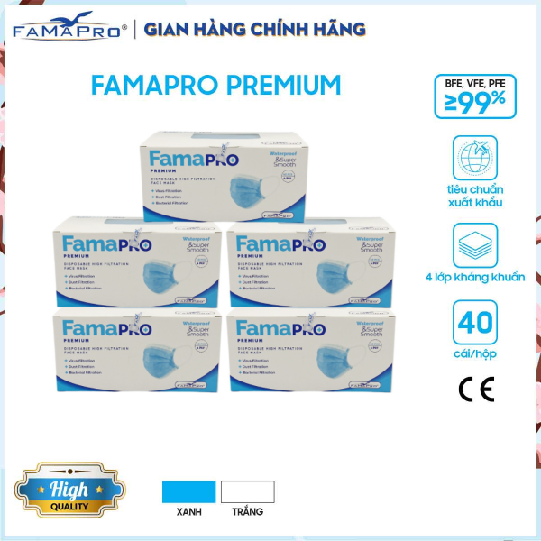 Combo 5 hộp khẩu trang y tế cao cấp 4 lớp kháng khuẩn Famapro Premium (40 cái / Hộp) nhập khẩu