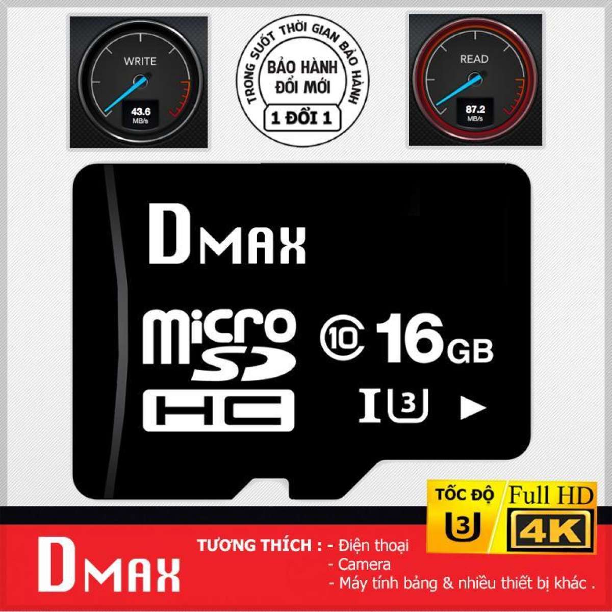 Thẻ nhớ 16gb dmax micro sdhc class 10 +tặng đầu đọc thẻ 2.0