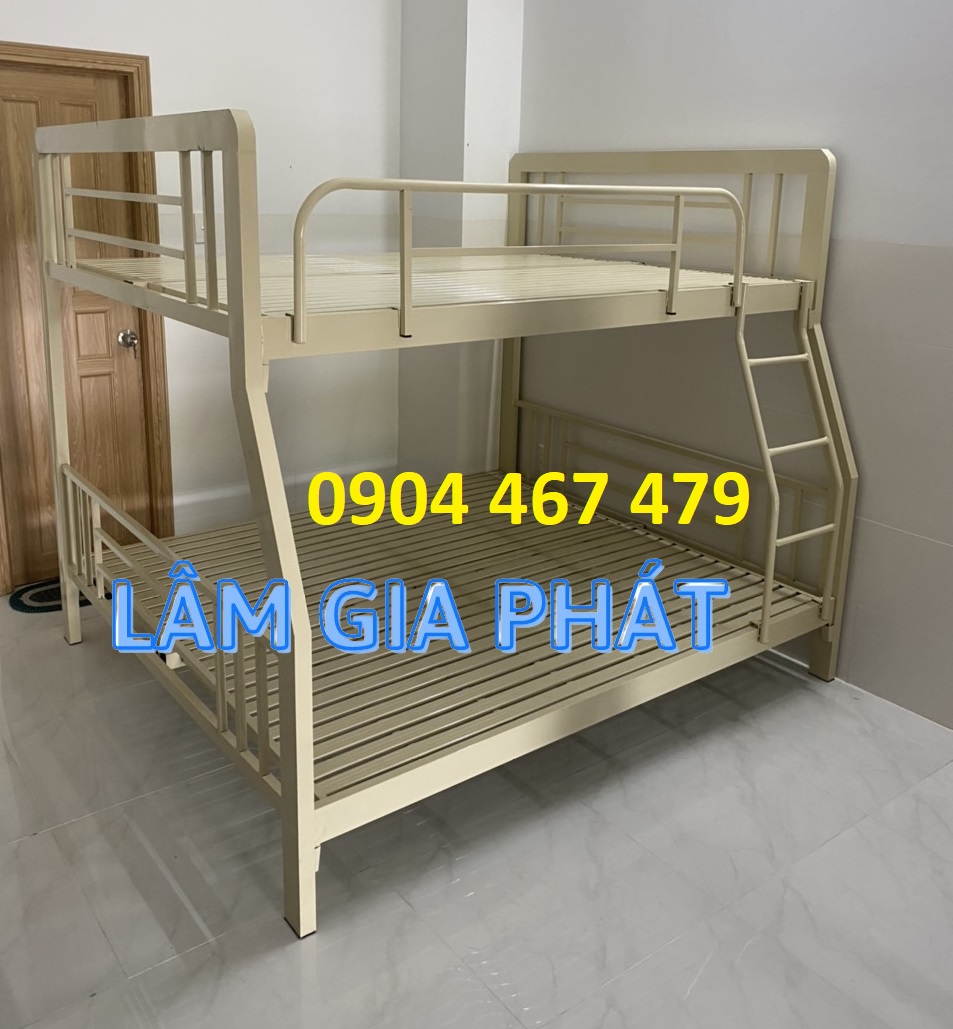 Giường tầng sắt hộp lớn màu kem 1m6x1m8 cao cấp