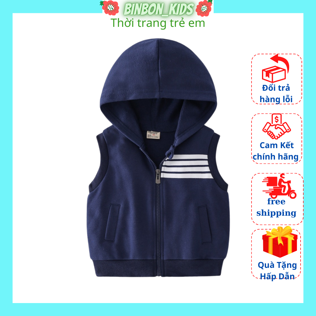 Áo khoác gile bé trai có mũ chất nỉ da cá cao cấp cho bé từ 7-28kg