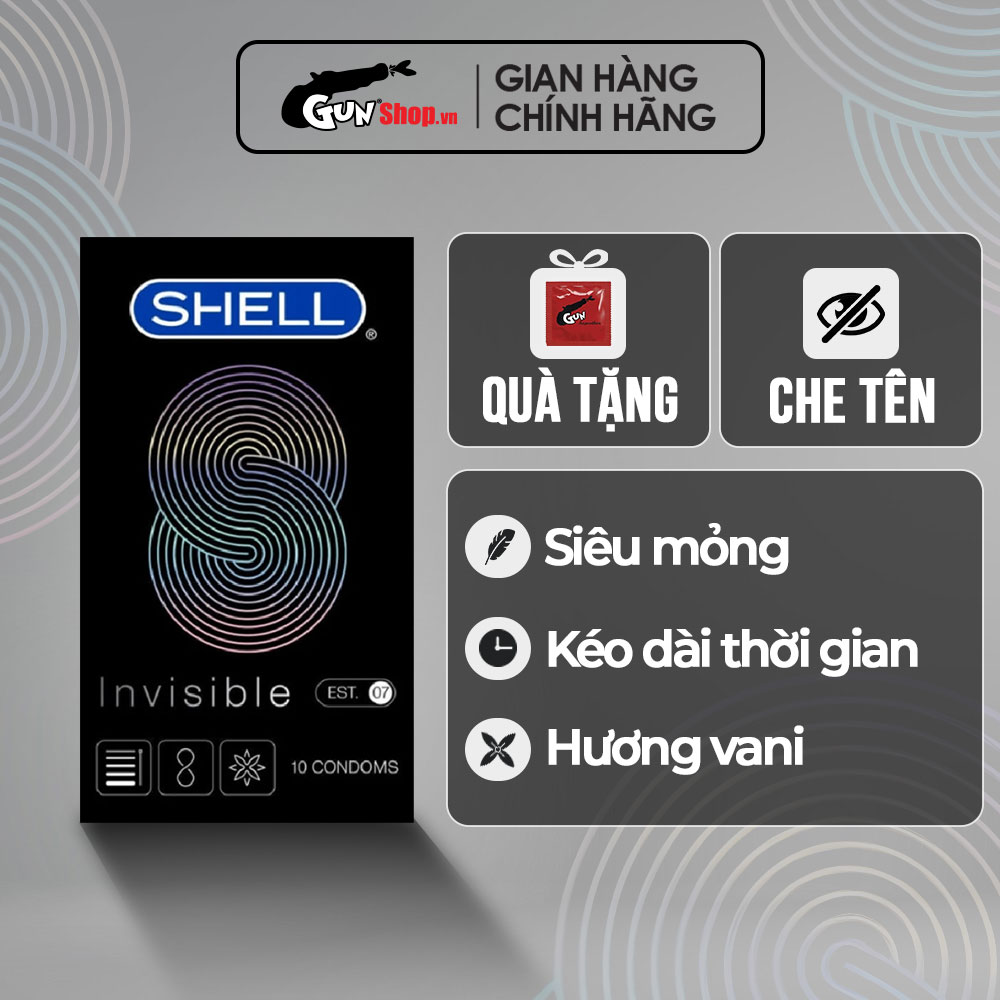 Bao cao su Shell Invisible siêu mỏng, chống tuột, kéo dài thời gian - Hộp 10 cái | GUNSHOP VIỆT NAM