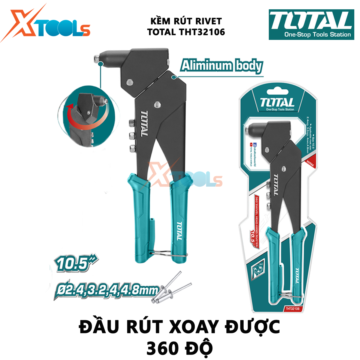 Kìm rút đinh tán TOTAL THT32106 | kềm rút rivet Kích thước 10.5 inch | Kích thước mũi rút 2.4mm, 3.2mm, 4mm, 4.8mm | Chất liệu thép+nhôm