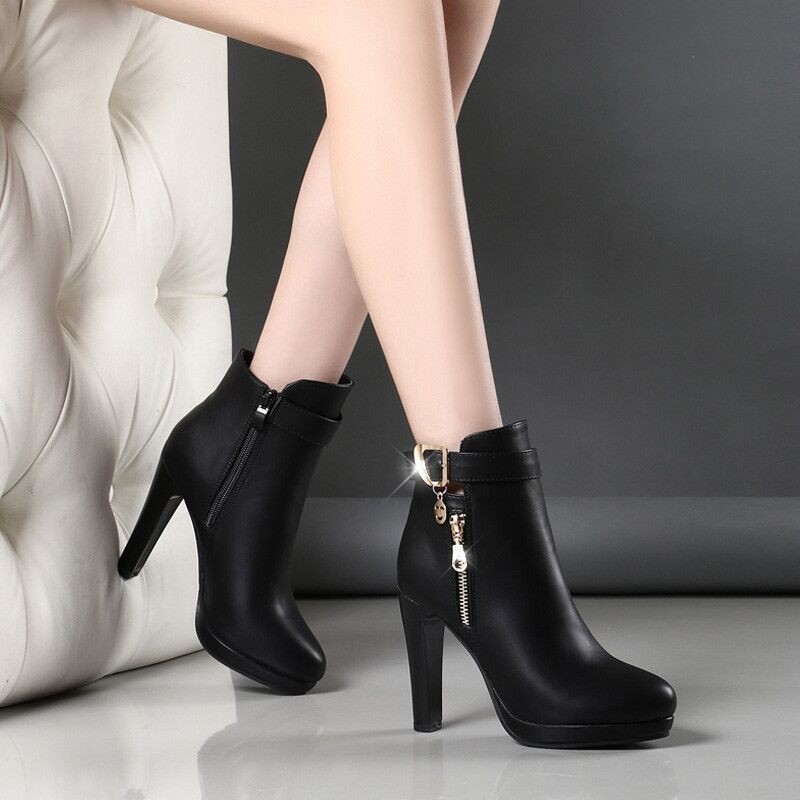 Giày boot da cao gót có khóa kéo cá tính cho nữ V912