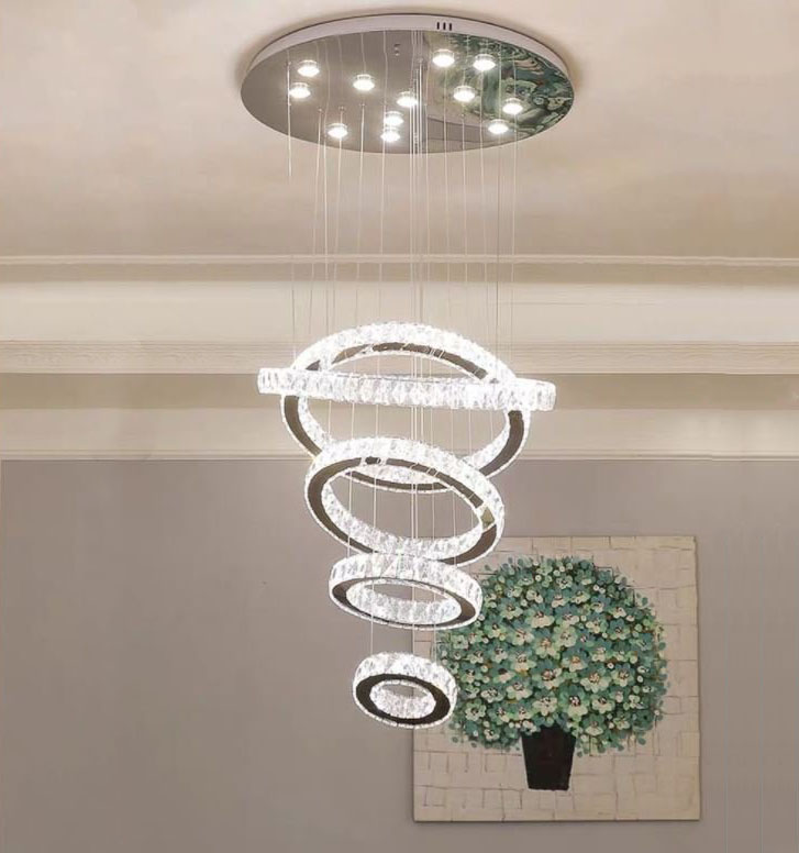 Đèn thả wered 5 vòng pha lê hiện đại - đế đèn tích hợp 10 đèn led