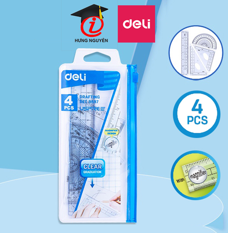 Bộ thước kẻ, eke, đo độ 15cm 4 chiếc túi zip 9597 deli