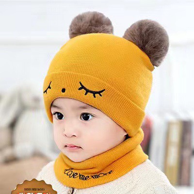 Set khăn + mũ len 2 quả bông hình đôi mắt cho bé
