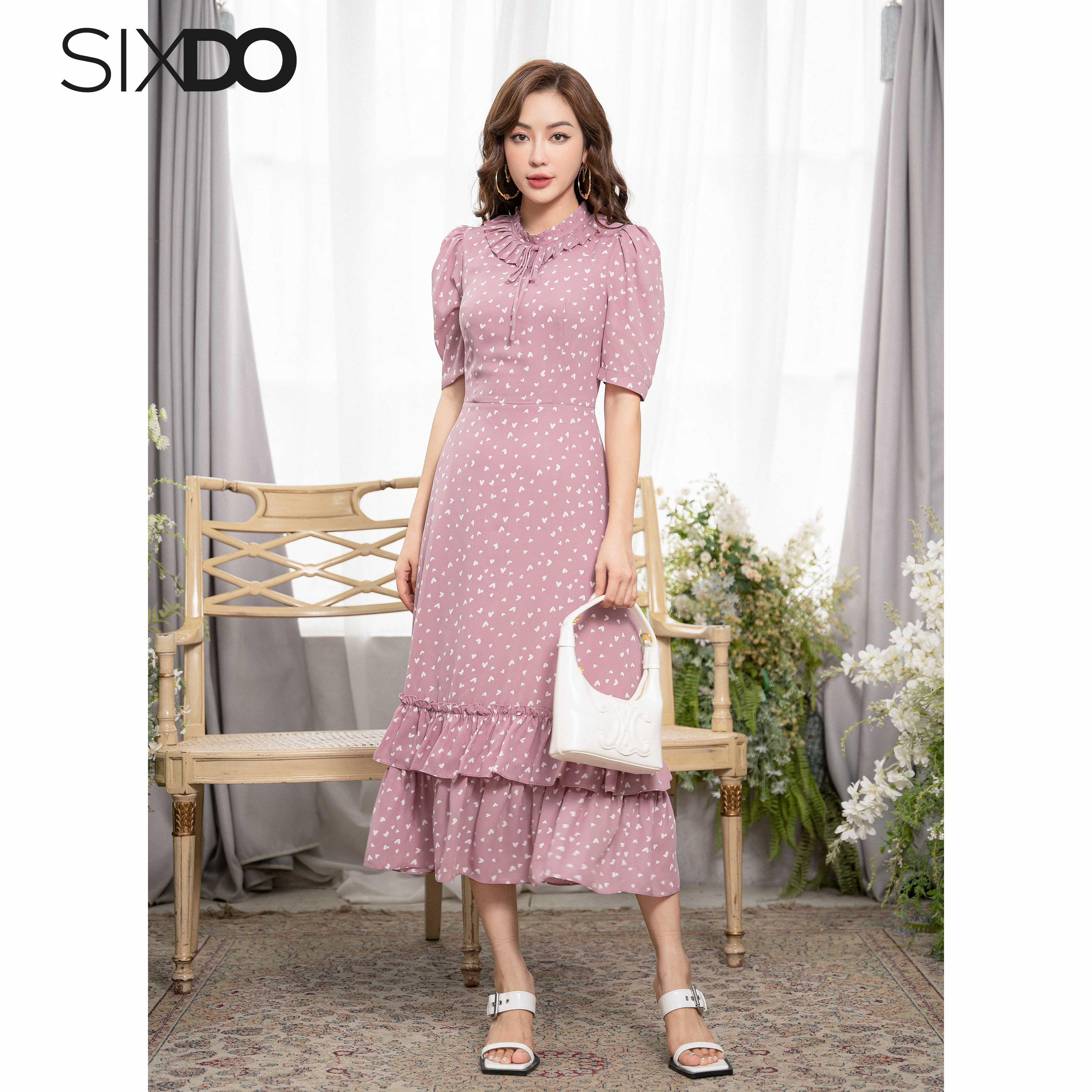 Đầm chiffon cổ bèo họa tiết trái tim SIXDO (Midi Chiffon Dress)