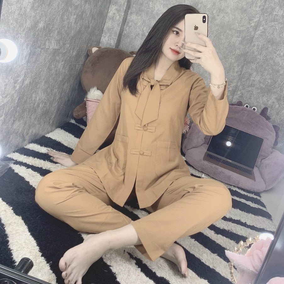 Bộ quần áo mặc nhà, Quần Áo nữ Phật Tử Đi Chùa, Đồ lam đi chùa mẫu la hán nơ mã A39