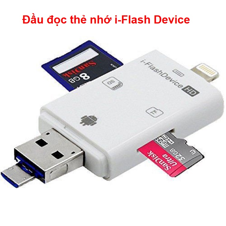Đầu đọc thẻ đa năng 4 in 1 otg, usb, type - c, ios - đầu đọc thẻ nhớ dùng cho điện thoại android, ios và máy tính