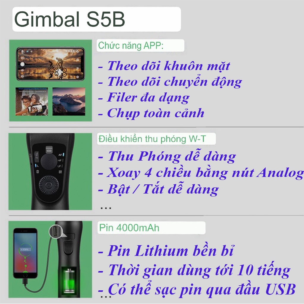 🎁Tặng kèm chân đỡ🎁Gậy chống rung gimbal S5B 3-Axis đa chế độ quay phim, chụp ảnh - Thiết bị quay video cho máy ảnh, điện thoại - Tay cầm chống rung cho điện thoại tự động cân chỉnh, xoay 360 độ