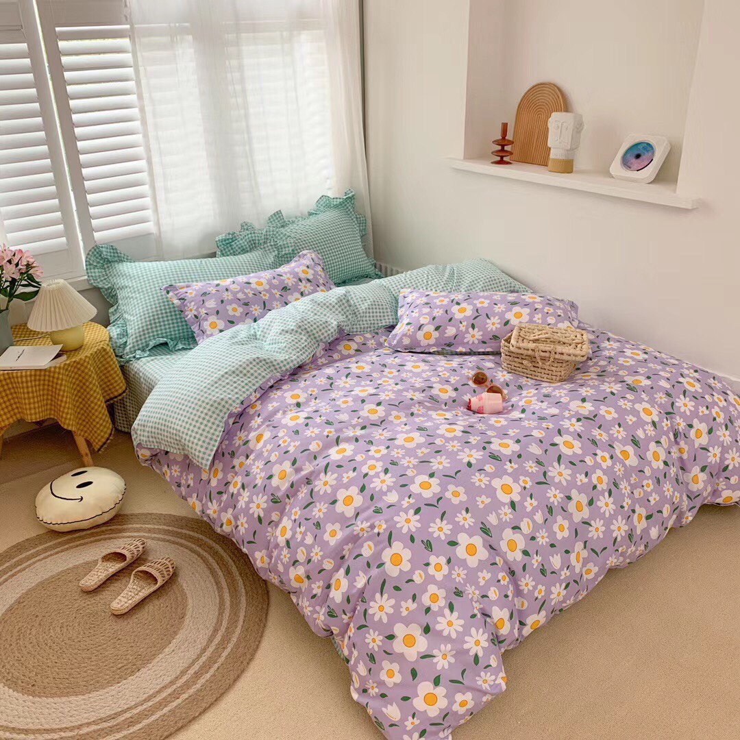 Trọn Bộ 4 Món Chăn Ga Gối Cotton Poly Nhập Mẫu HOA TÍM MỘNG MƠ