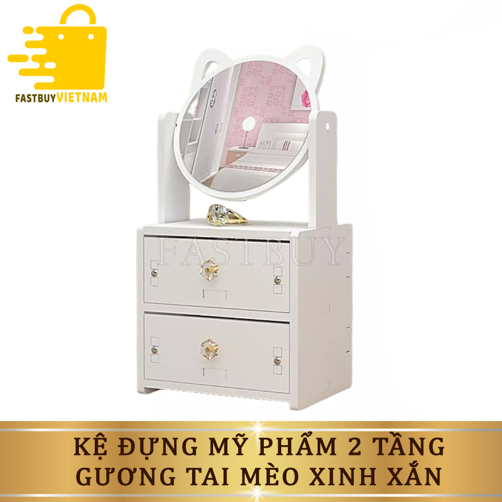 Kệ đựng mỹ phẩm 2 tầng mini gương tai mèo xinh xắn đựng nước hoa, son phấn, đựng đồ trang điểm thông minh