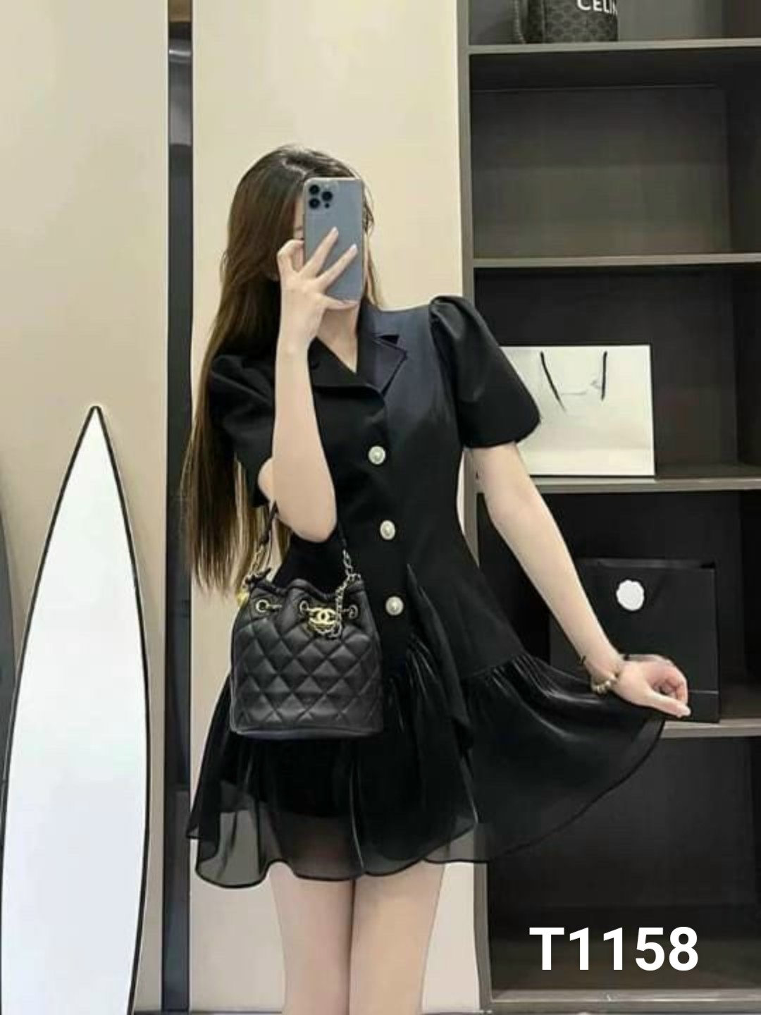 Đầm cổ vest cài nút phối lai bèo voan tay ngắn cotton lạnh T1158