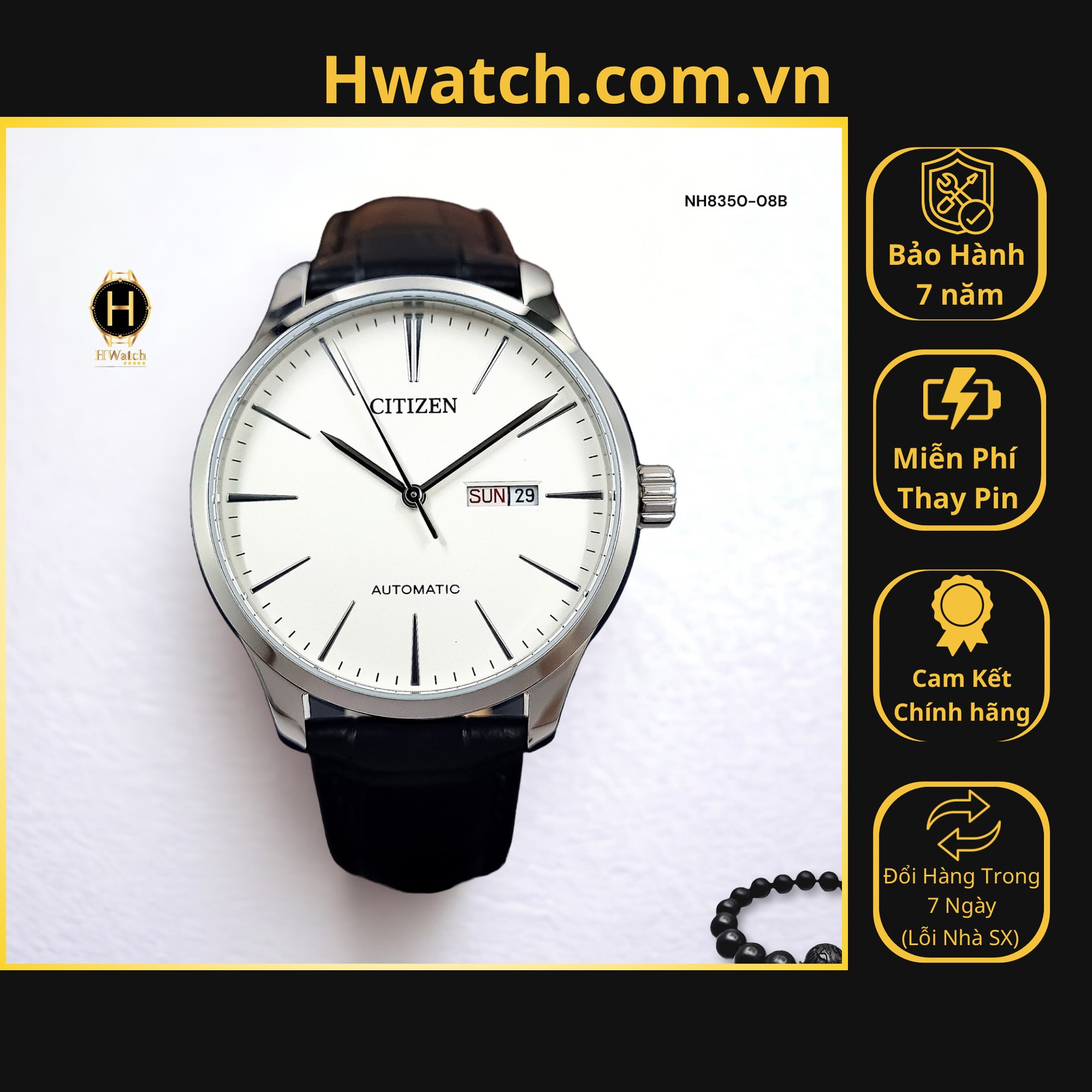 Đồng hồ nam automatic nh8350-08b dây da vỏ trắng mặt trắng hiện đại