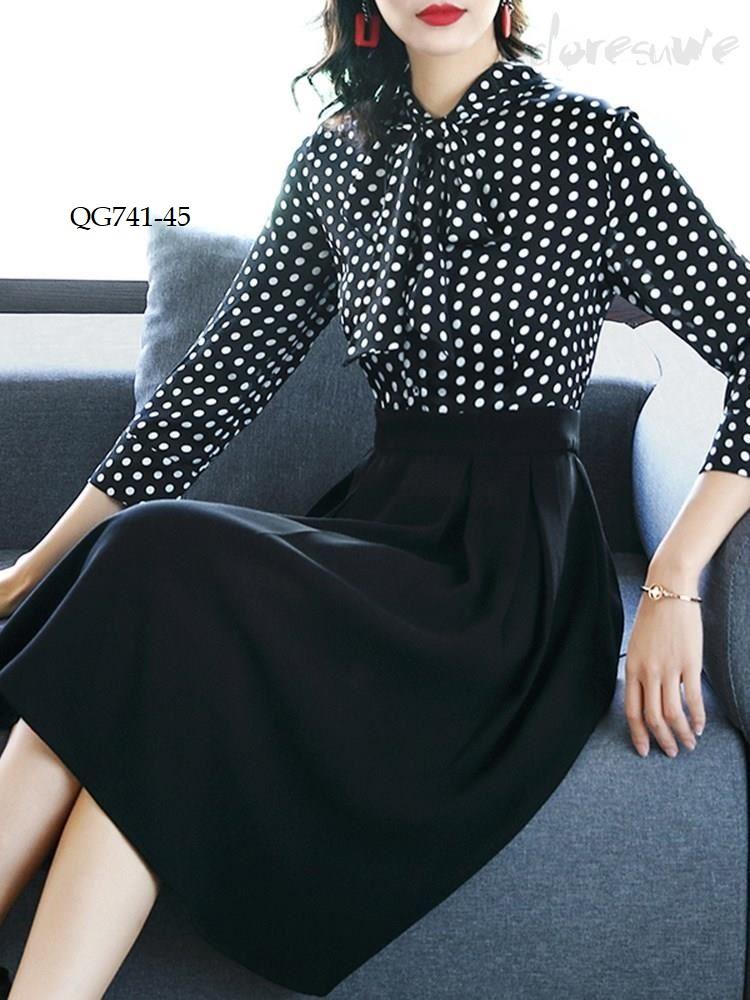 QG741 -ĐẦM XÒE PHỐI CHẤM BI THẮT NƠ - SIZE S-6XL