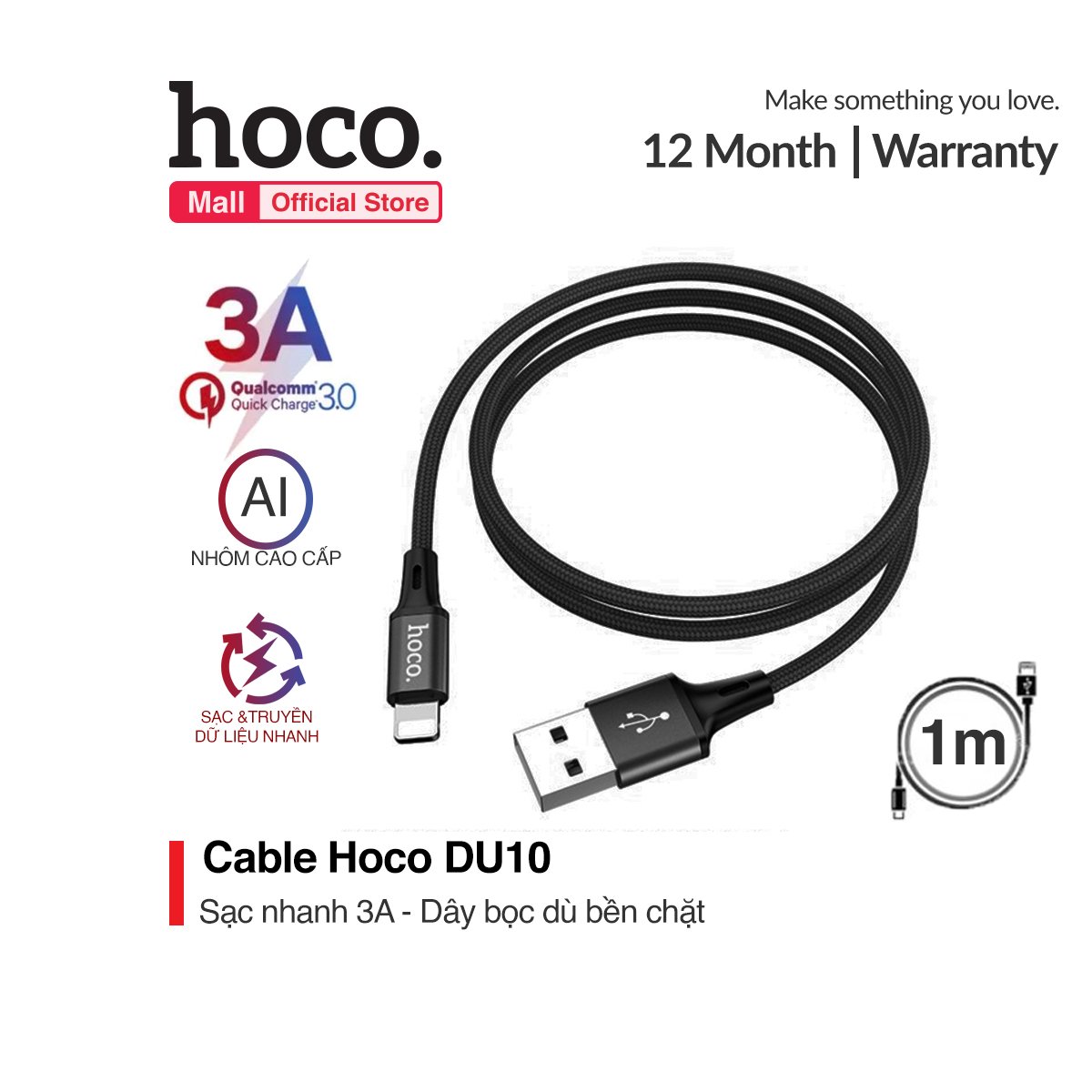Cáp sạc Hoco DU02 Plus Lightning 2.4A sạc nhanh cho nhiều dòng iPhone/iPad dây bện dù chống đứt dài 2m