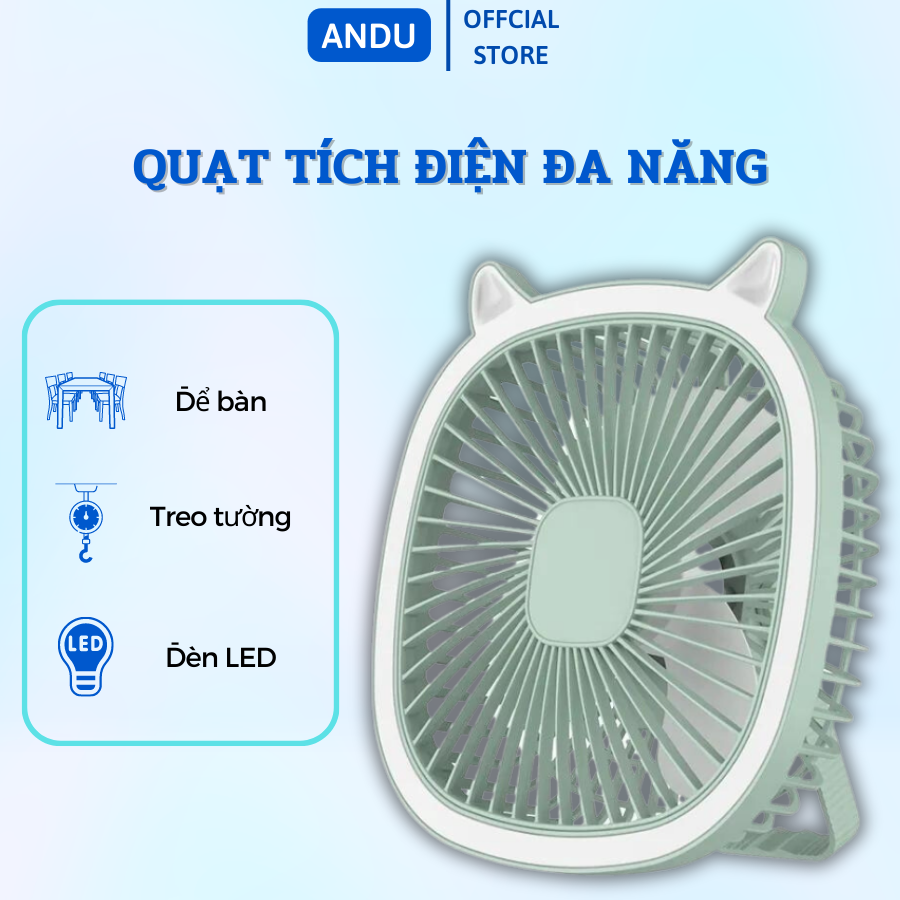 Quạt tích điện để bàn, treo tường mini có đèn led chiếu sáng, sạc pin usb điều chỉnh 3 tốc độ gió