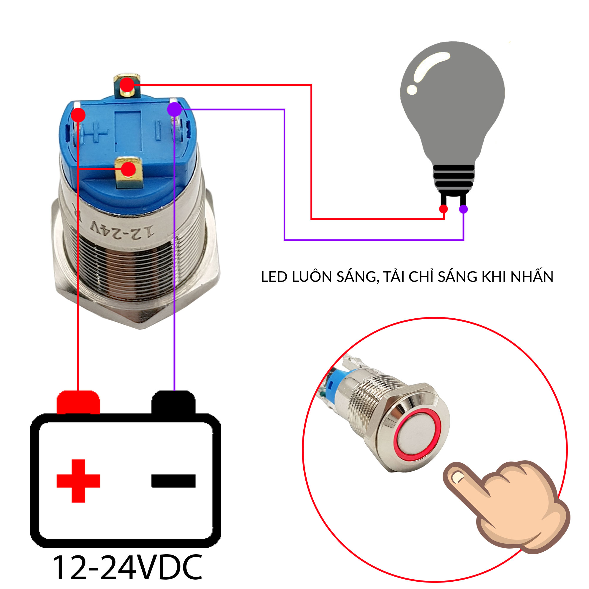 Nút nhấn tự giữ kim loại 12mm đỏ