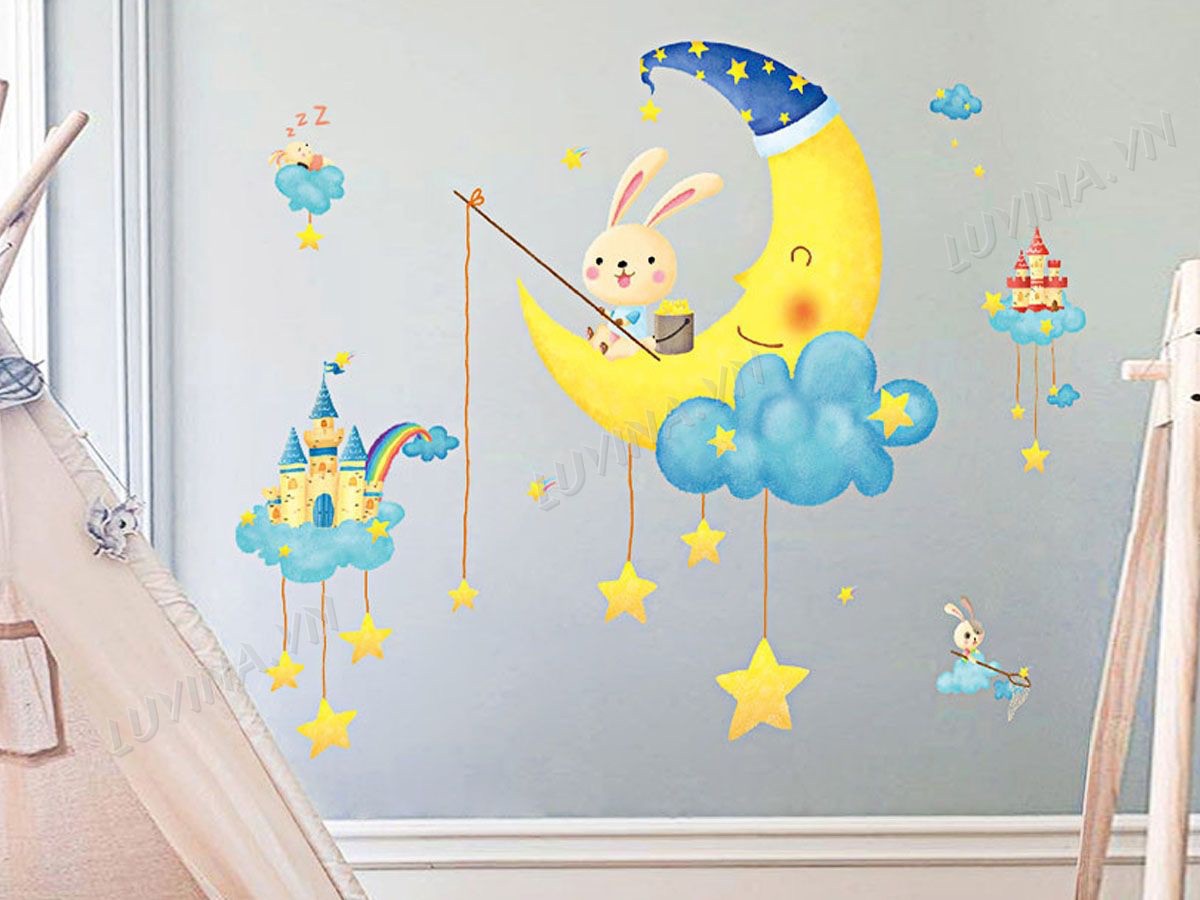 Decal tranh dán tường trăng thỏ câu sao