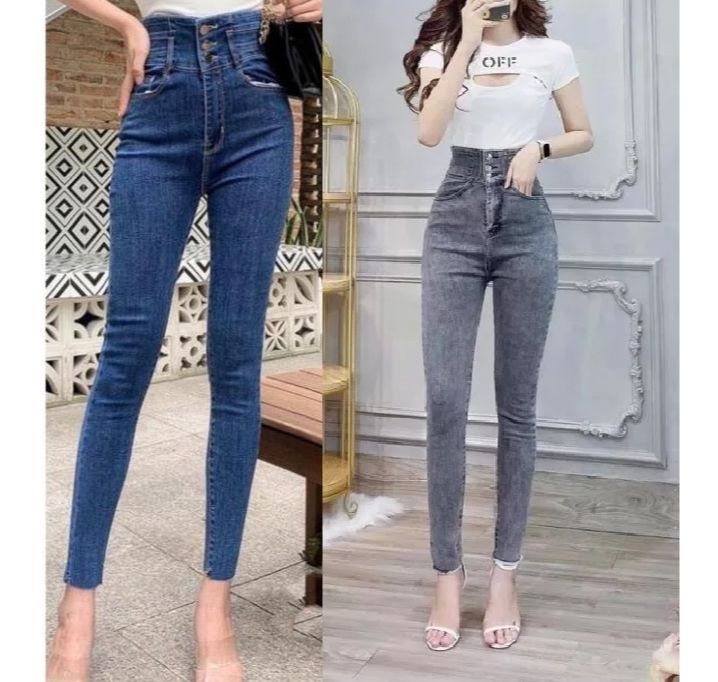 Quần jean nữ lưng siêu cao PHỐI 3 CÚC TRƯỚC MÀU XANH CÓ SIZE ĐẠI  (jean giãn tốt size 26 tới 30) s1 185 -t26