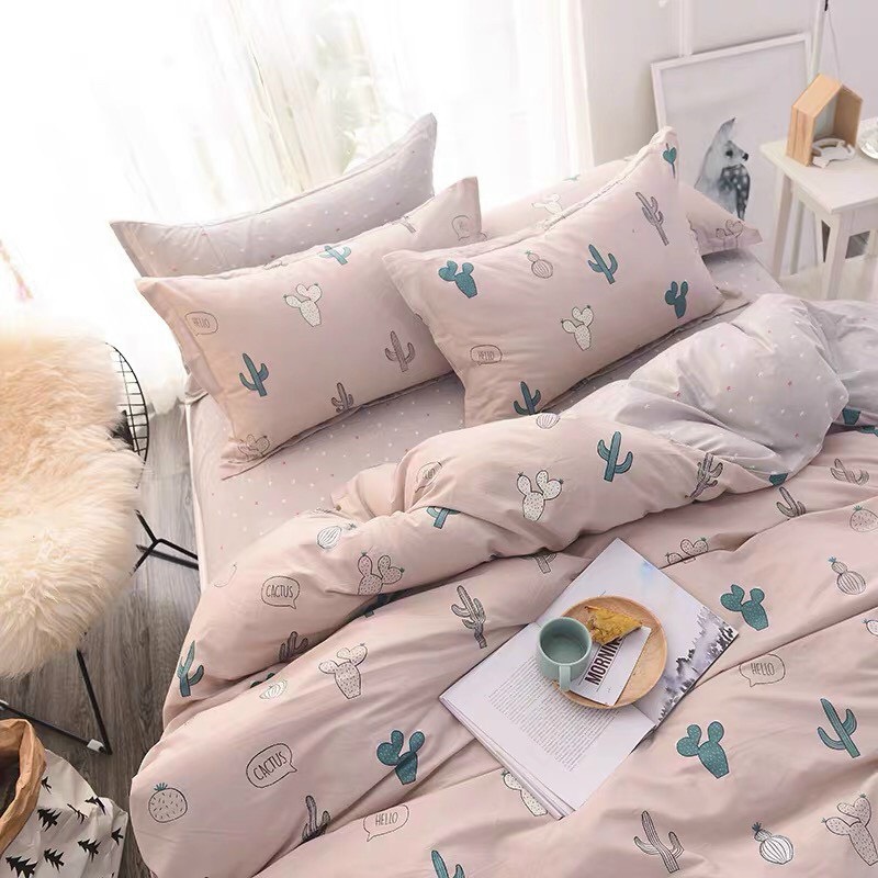 Trọn bộ 4 món cotton poly nhập mẫu xương rồng hồng dễ thương dành cho cái bé gái/bạn gái