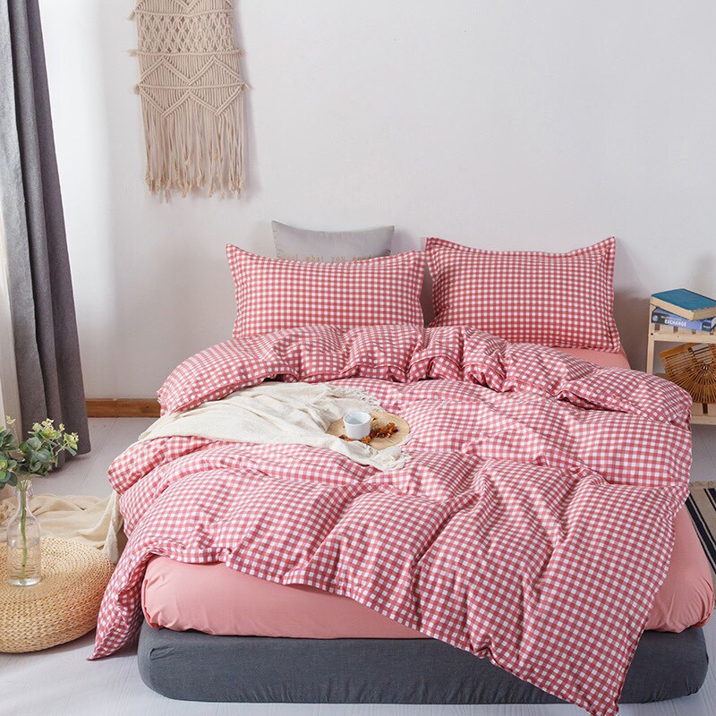 Chăn ga gối Cotton poly - Mẫu Caro hồng.