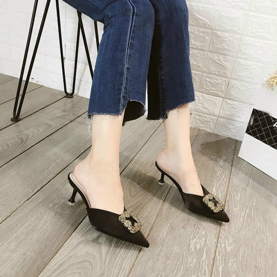 Guốc nữ thời trang bít mũi phối mặt đá gót tròn 5 phân siêu đẹp