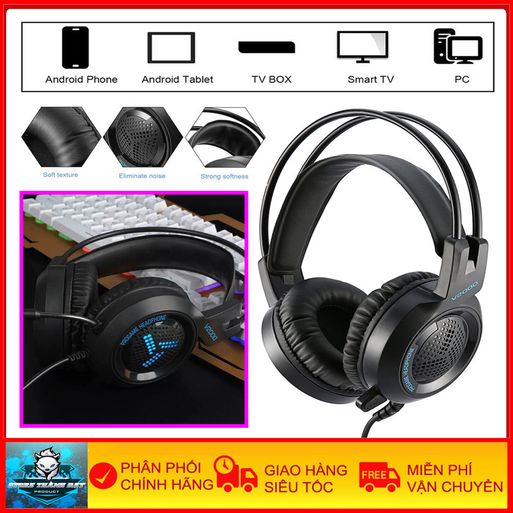 Tai Nghe Gaming Cao Thủ V2000 - Tai Nghe Cho Cao Thủ Chuyên Game PC, 2 Jack Kết Nối 3.5mm 1 Chân USB - Âm Thanh Chính Xác Cao, Ổn Định - Bảo Hành 1 Năm