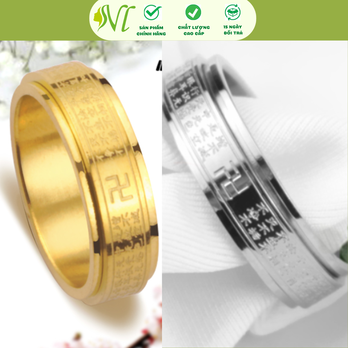 Nhẫn nam Titan phong thuỷ xoay tròn 360 độ bát nhã tâm kinh BẢN NHỎ DỄ ĐEO đem may mắn bình an mạ vàng 24k không đen không gỉ xài nước tốt - Người Đẹp Vì Lụa