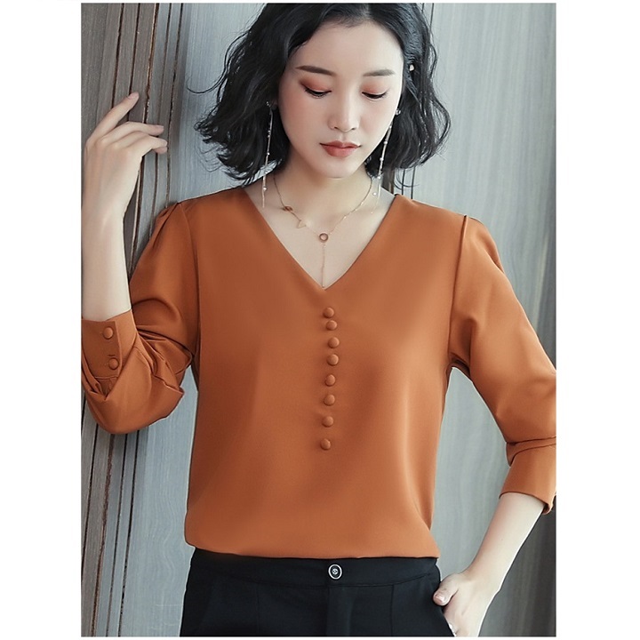 Áo Sơ Mi Nữ Công Sở Kiểu Cổ Tim Ngực Đính Nút Bọc