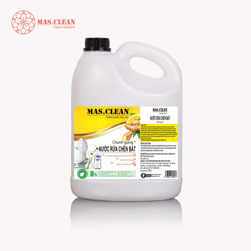 Nước rửa chén bát hữu cơ MasClean 3.8l/rửa ly/rửa bình sữa