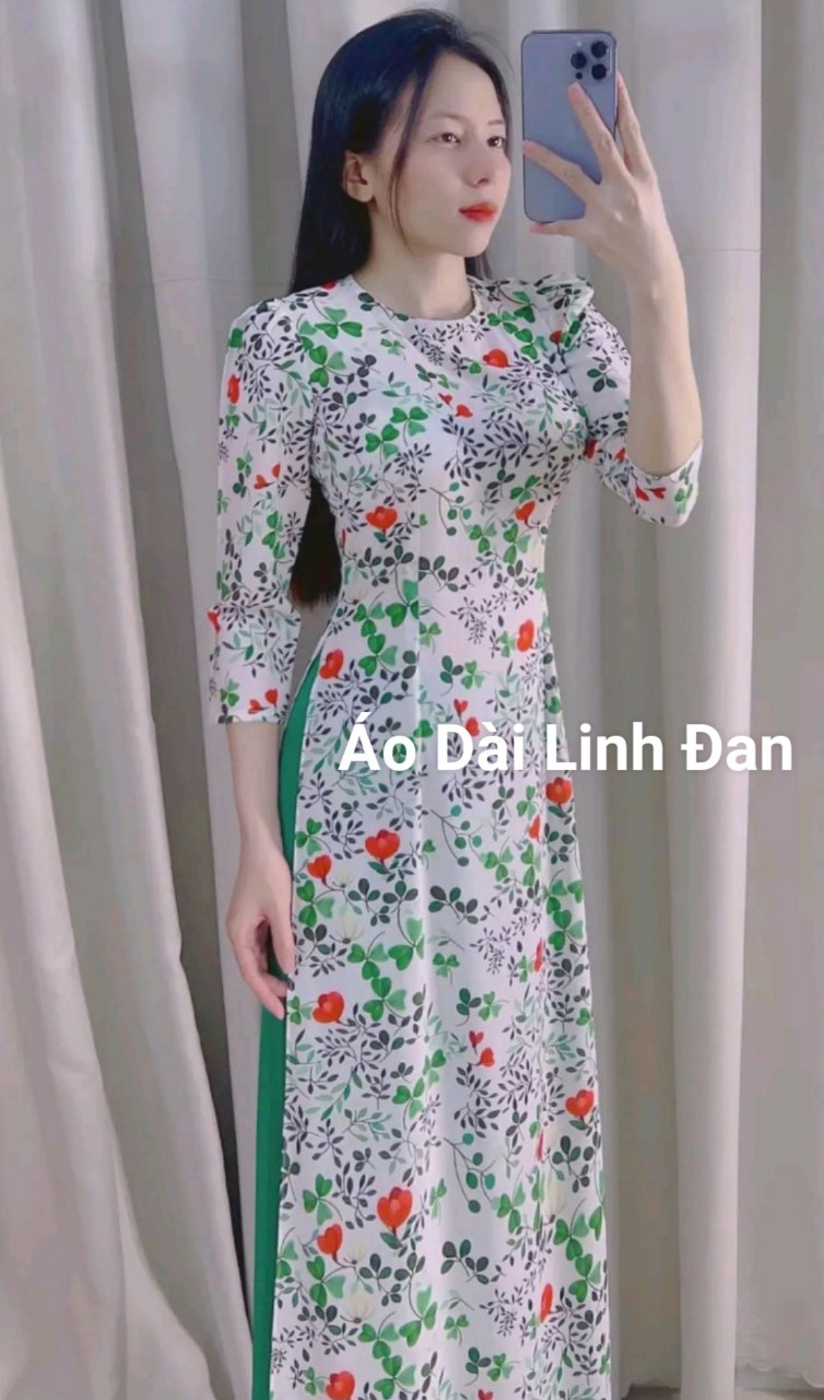 Áo dài hoa nhí tay bồng tôn da, tôn dáng - Áo Dài Linh Đan