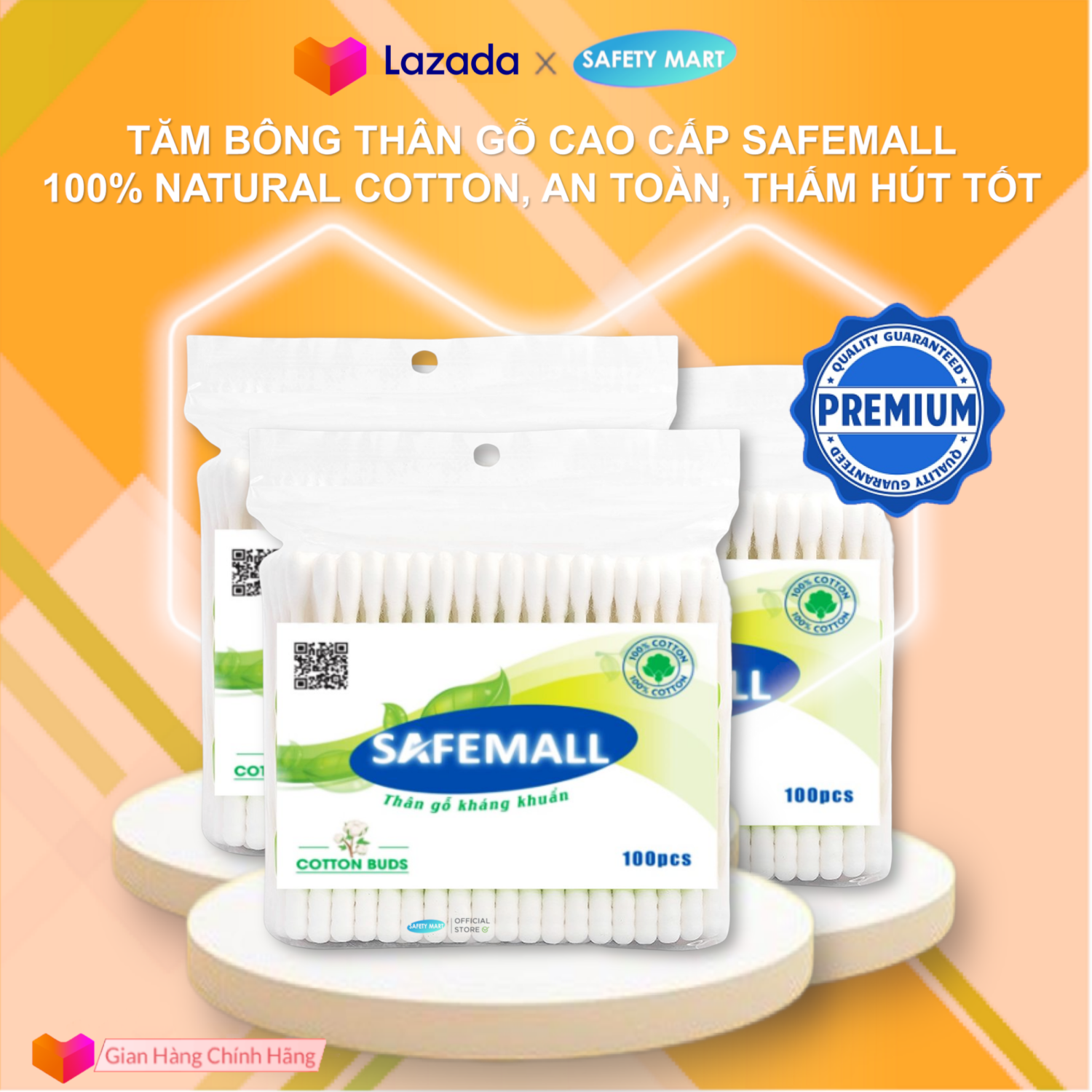 [GIÁ SỈ] Combo 5 gói (Tổng 500 cây) Tăm bông thân gỗ SAFEMALL kháng khuẩn cao cấp túi 100 que - Hàng Chính Hãng SAFETY MART OFFICIAL