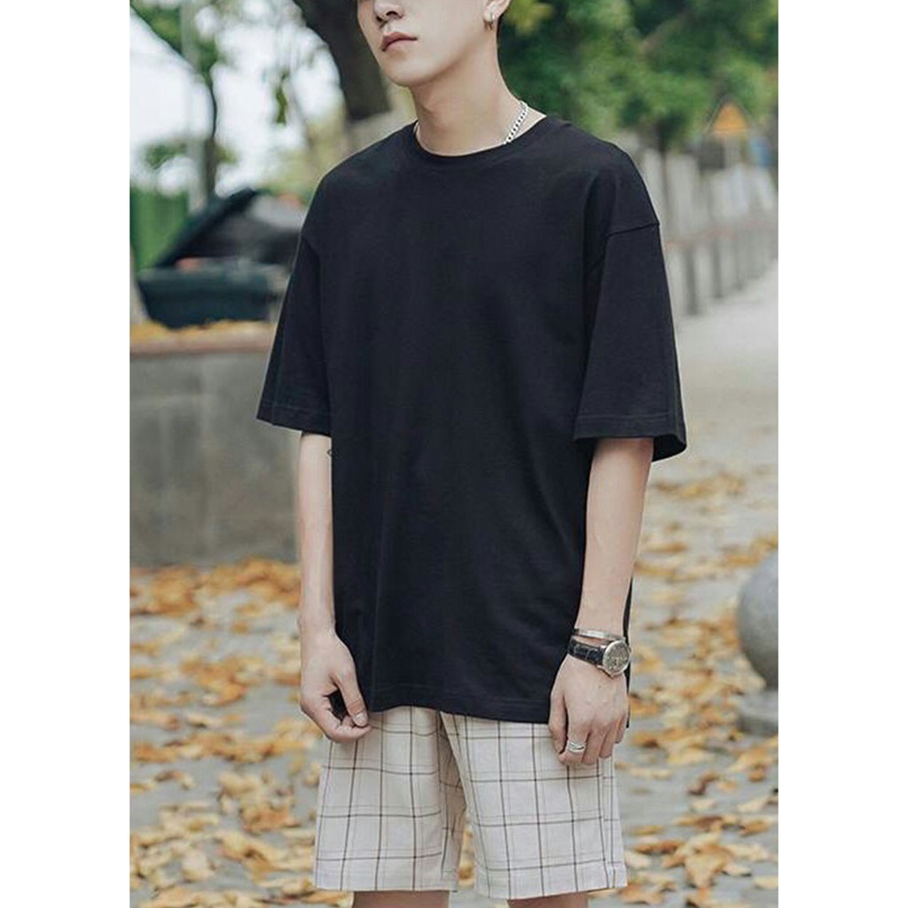 Áo thun trơn tay lỡ nam nữ Unisex cổ tròn màu đen - Cotton Thái