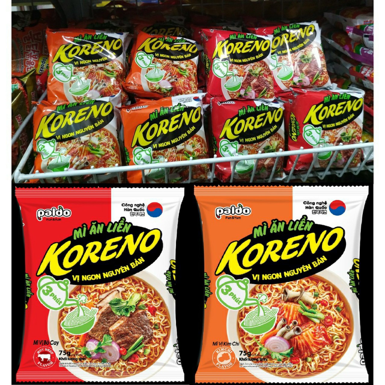Mì ăn liền Koreno Lốc (Mua 5 tặng 1) 2 vị Bò cay/Kim chi