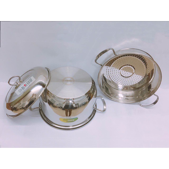 Bộ Nồi Xửng Hấp Hàn Quốc 3 Đáy Inox Size 26Cm