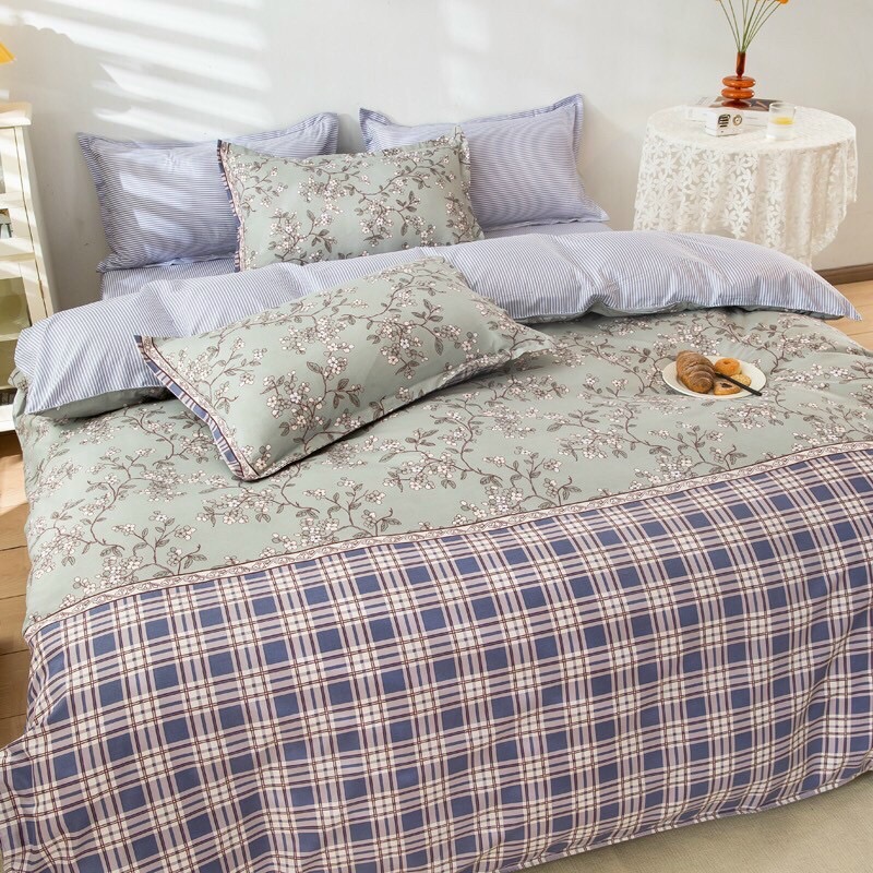 Bộ chăn ga gối hoa nhí xanh hiện đại bo chun đủ kích thước