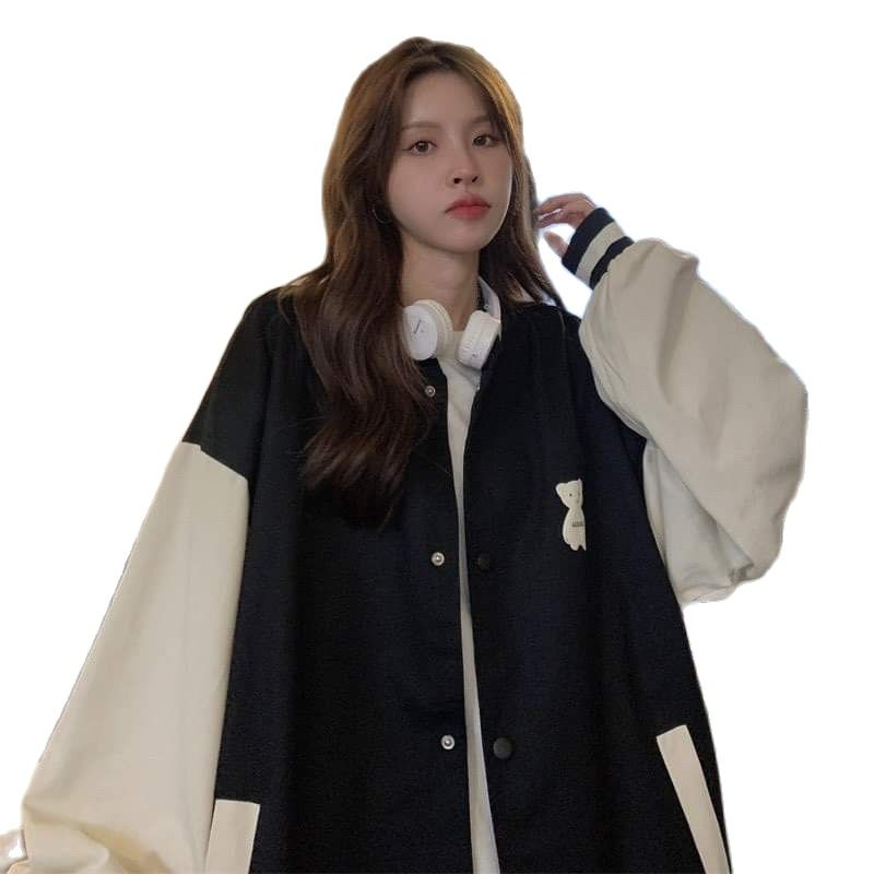 ÁO KHOÁC BOMBER NỈ LOGO GẤU CỰC KUTE (tặng kèm 1 dây buộc tóc hoa cúc)