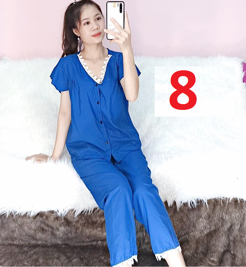Bộ pijama kate lụa cổ tim phối ren, tay ngắn quần dài