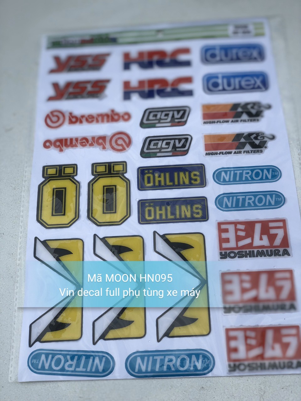 Tấm Tem dán xe chữ YSS,HRC,durlex,Ohlins,Nitron,3 fen di vàng mã HN 095