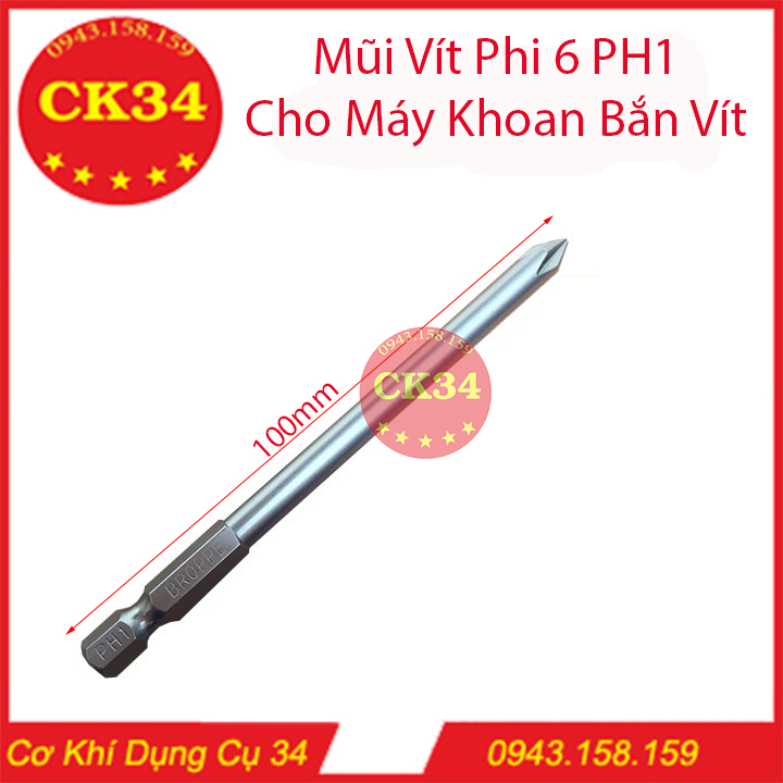 Mũi vít bake phi 6 ph1 chuôi lục giác cho máy khoan, bắn vít