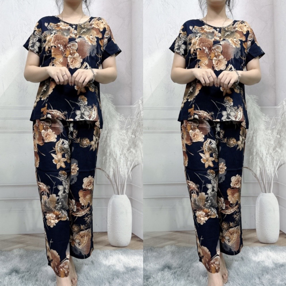 Bộ quần áo lanh trung niên YOYO cho bà cho mẹ mặc nhà quần dài ống đứng áo cộc tay mùa hèđồ bộ cho người lớn tuổi YOYO